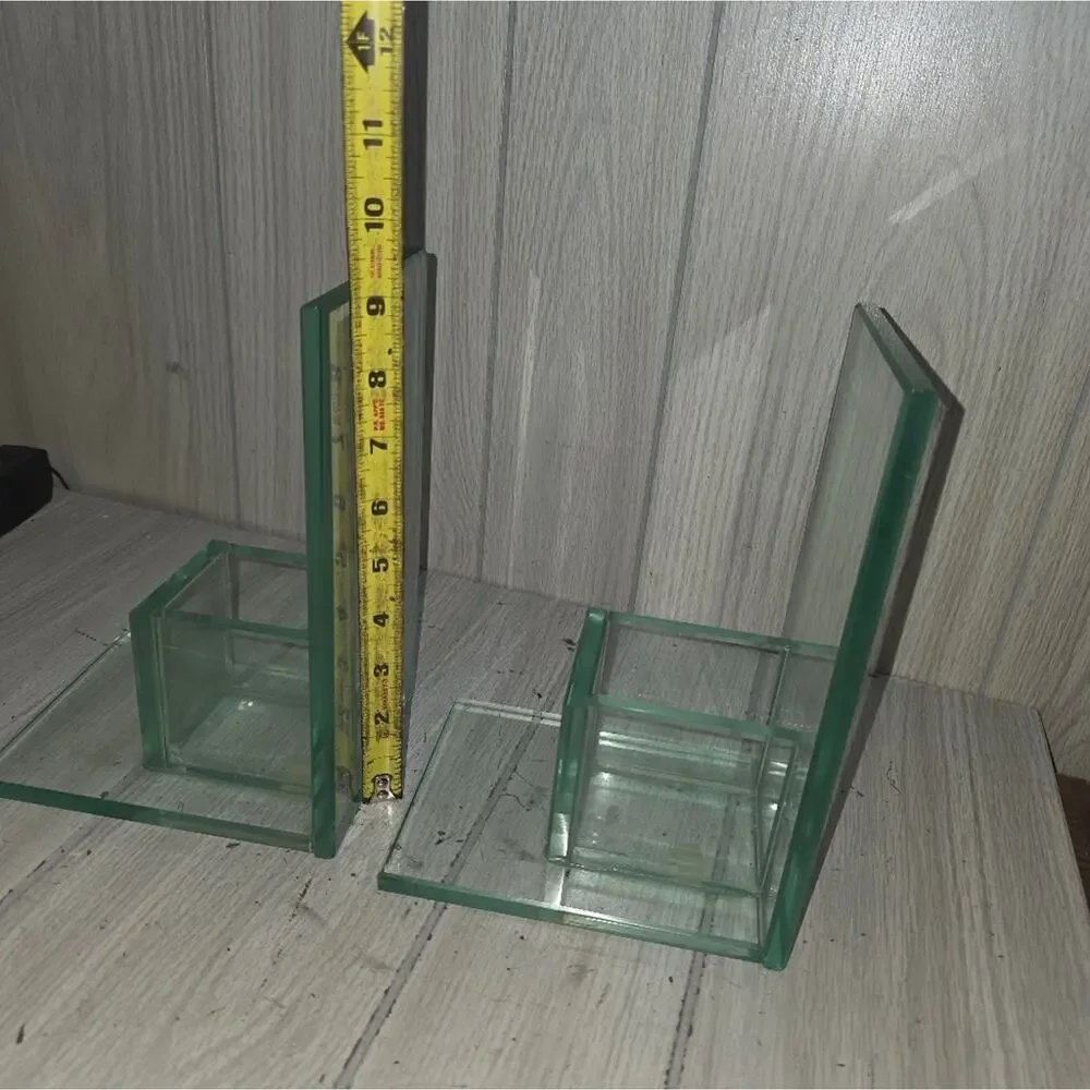 Vtg Minimalist Clear Glass Bookends With Candle Holder/Planter MCM Art Heavy